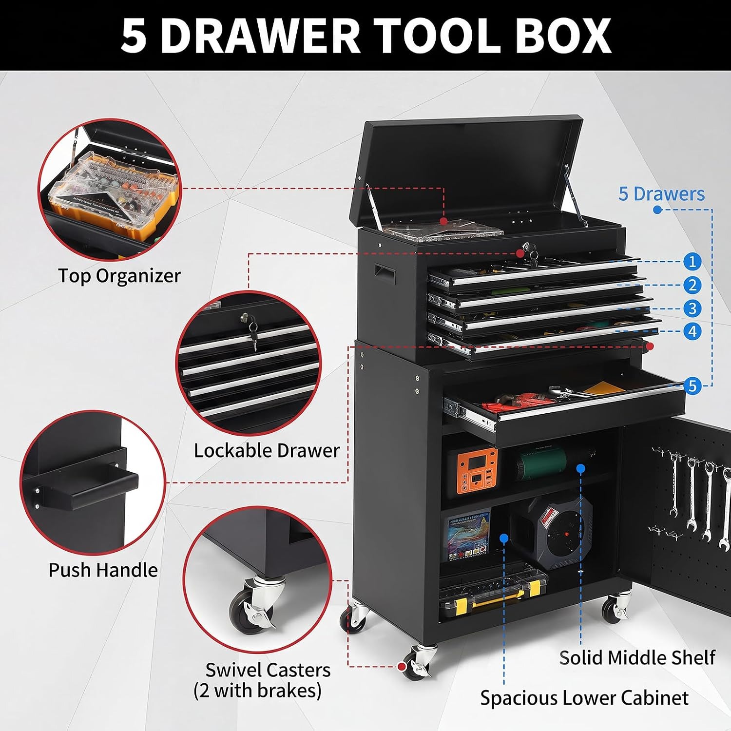 5 Drawer Rolling Tool Cabinet  - Workshop Tools Cabinet review and price